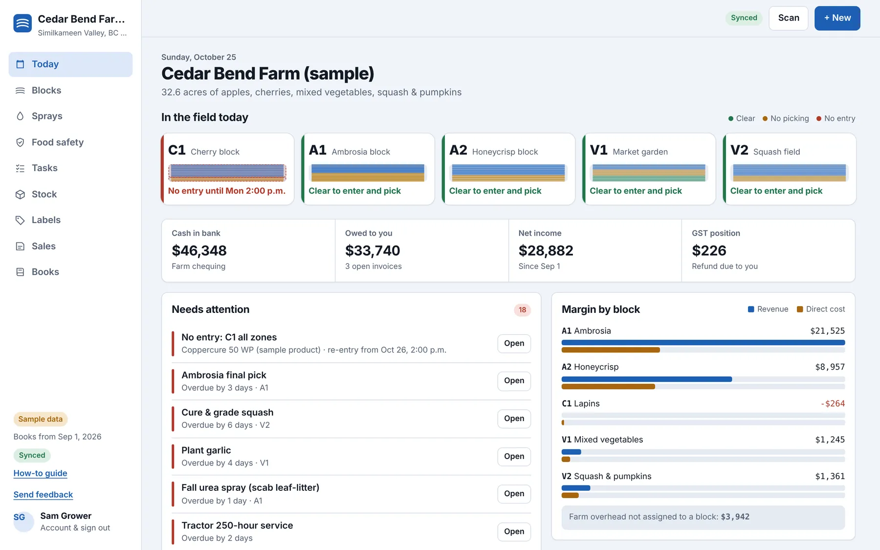 Rowbook on a computer: today’s block status, cash in bank, money owed, net income, GST position, tasks needing attention and margin by block.